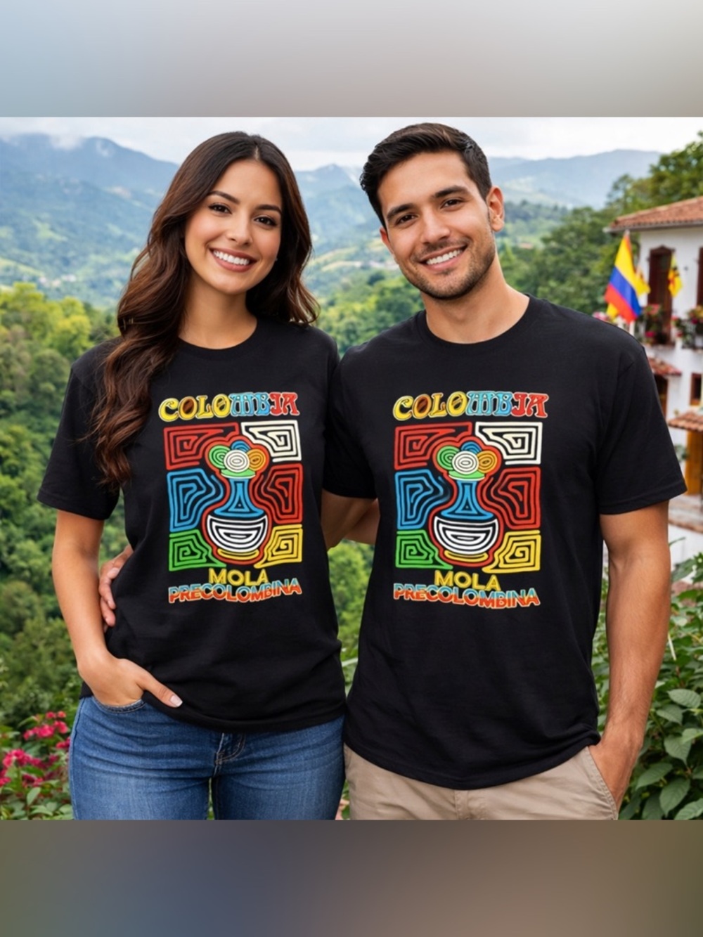 COLOMBIA Black Short Sleeve Shirt with Colorful Mola Art Size Large UNISEX